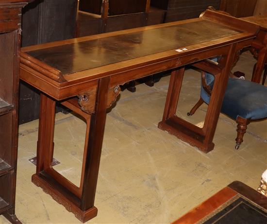 A Chinese hardwood altar table, the top inset black marble, W.184cm, D.46cm, H.96cm